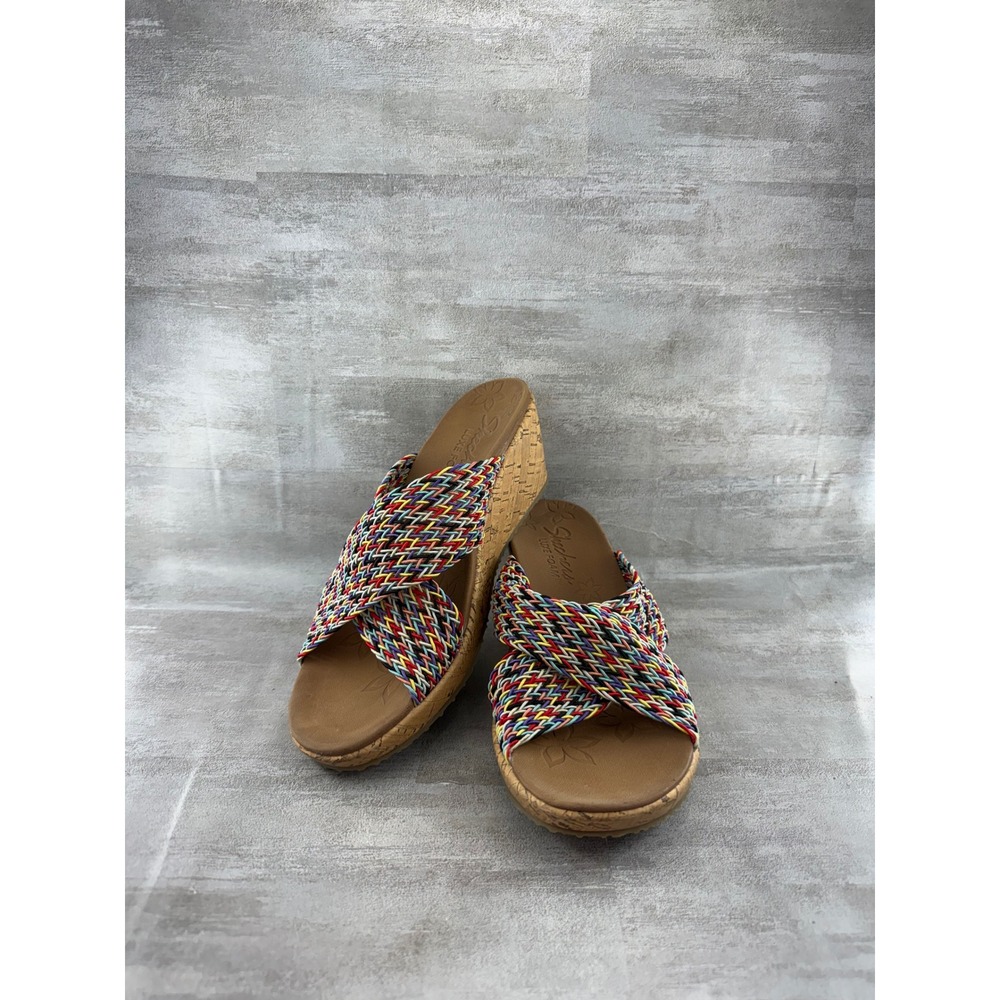 Skechers Luxe Foam Women Multi Color Woven Cork Wedge Slide Sandals Size 9